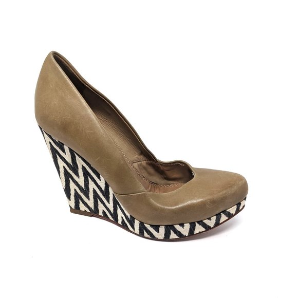 Ella Moss Womens 5.5 Platform Wedge Heels Leather Shoes Pumps Chevron Tan - Picture 4 of 10